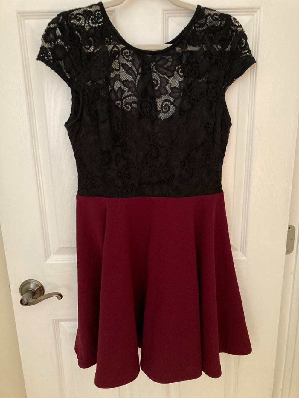 B Darlin Black Lace Top Burgundy Skater Mini Dress